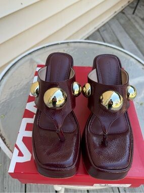Novus Burgundy Patent Leather  Platform Thong Sandals with Gold Accent